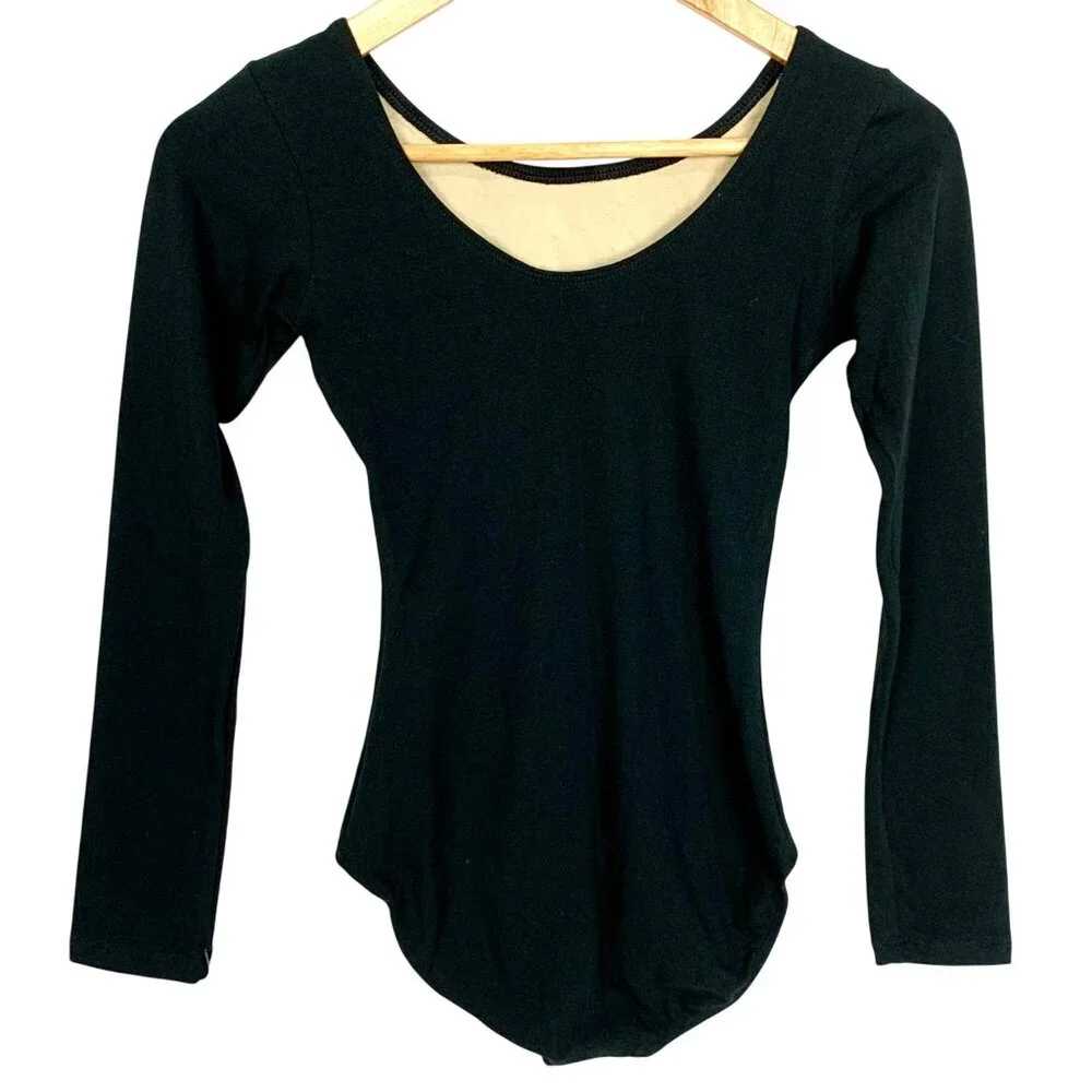 Eurotard Long Sleeve Leotard Black Bodysuit Child Size XL Lined Front Scoop Neck